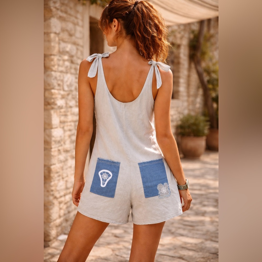 Organic Linen Cotton Romper Boho Handmade Floral Patch Lace Loose Fit S/M NWT - Picture 6 of 11